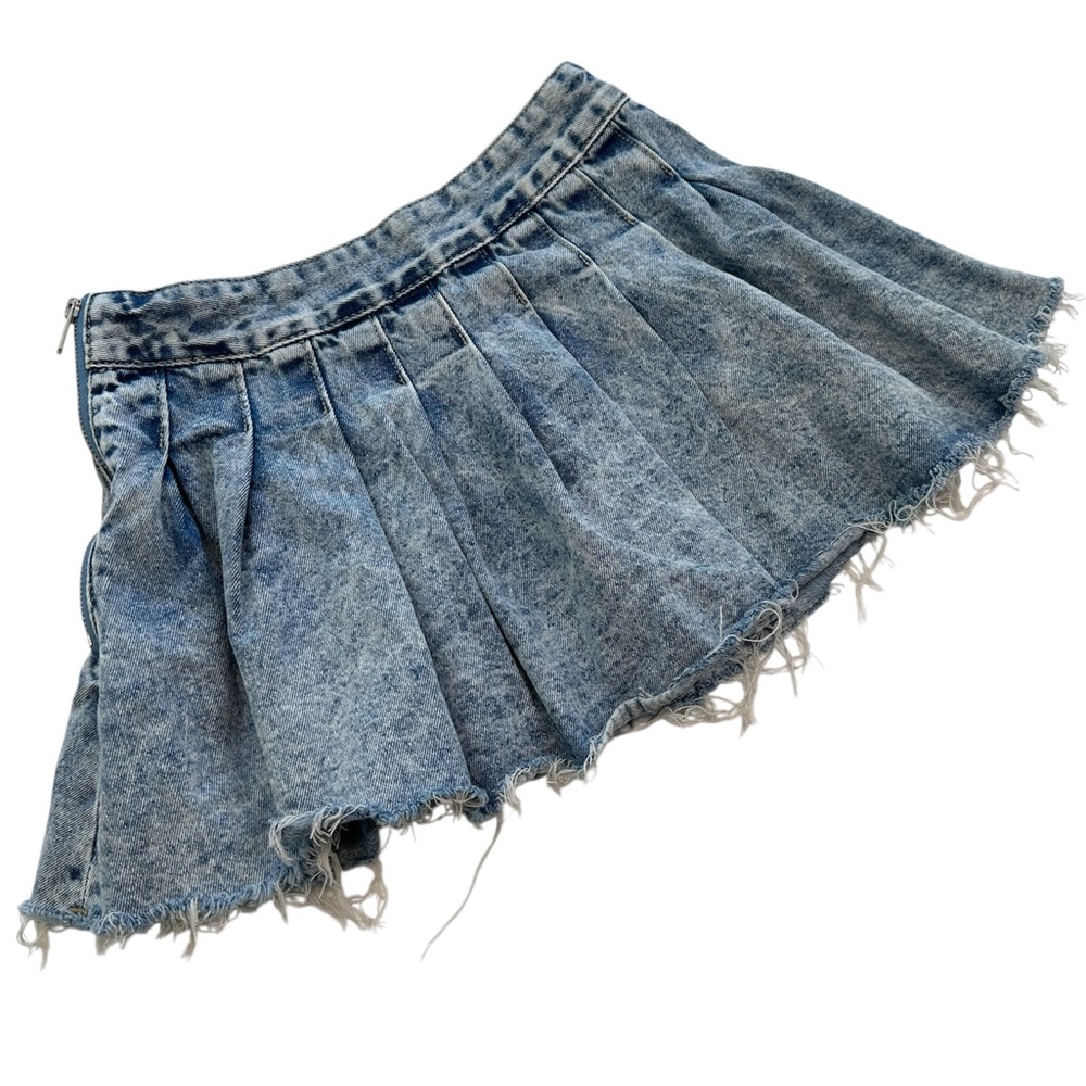 Pleated Denim Mini Skirt Raw Frayed Hem Blue Women’s Size X-Small - Picture 2 of 7